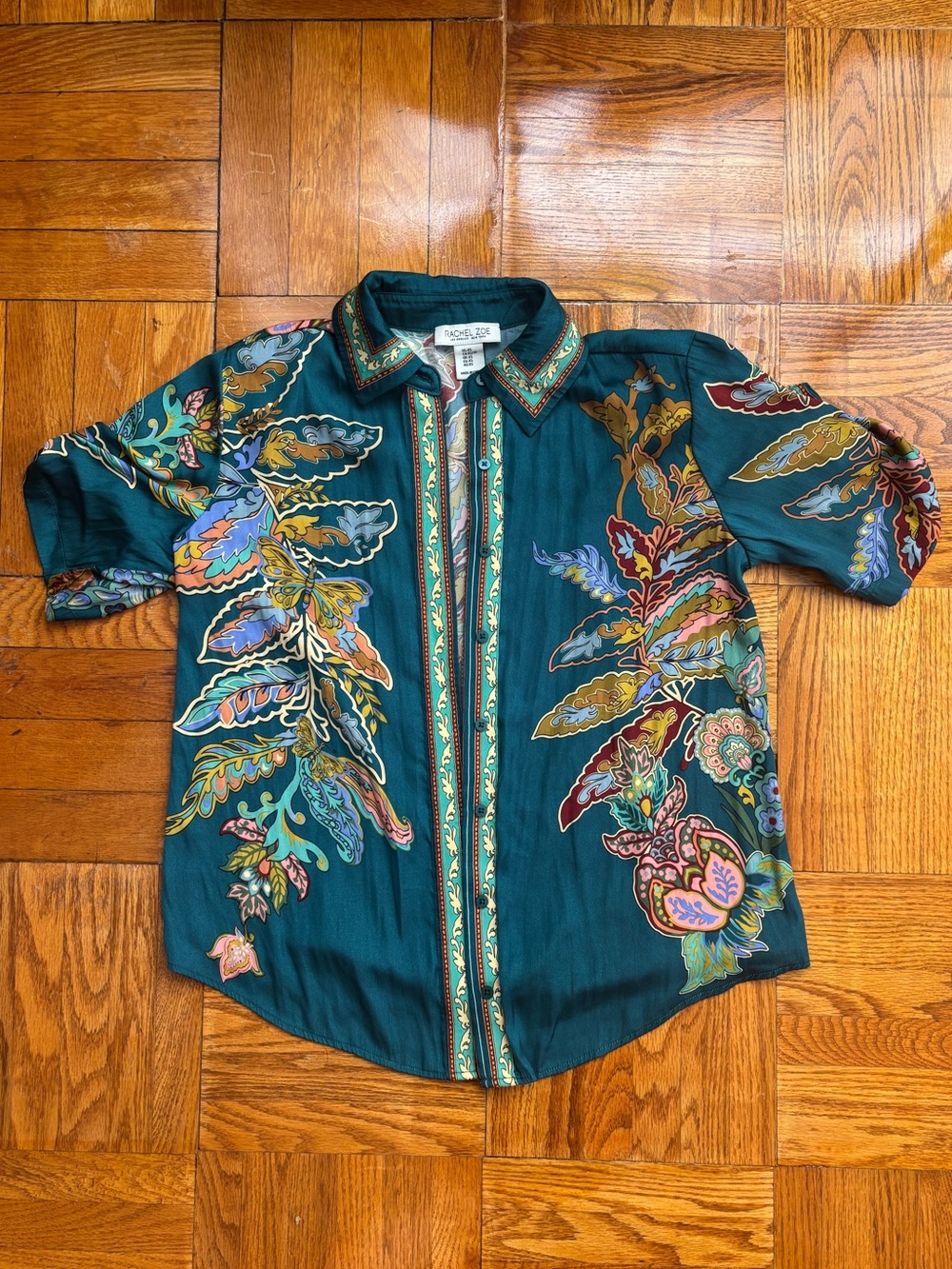 Rachel Zoe Teal Floral Butterfly Printed Silk-Feel Short Sleeve Blouse - XS
